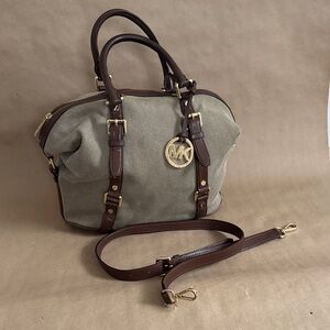 Michael Kors Bedford Medium Belted Satchel Canvas and Leather Crossbody Bag